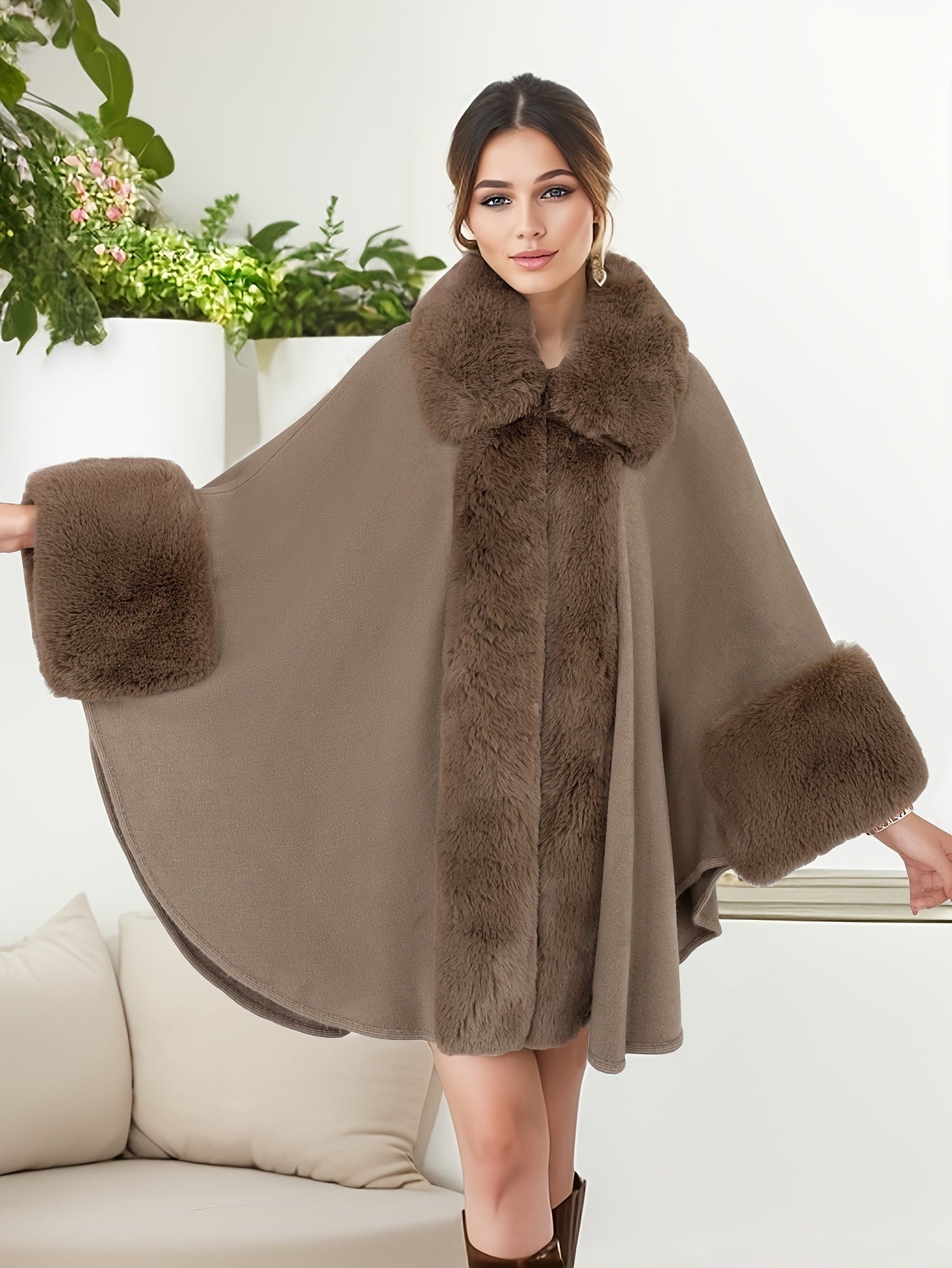 Manteau grande taille femme – Ouvert avec col fausse fourrure