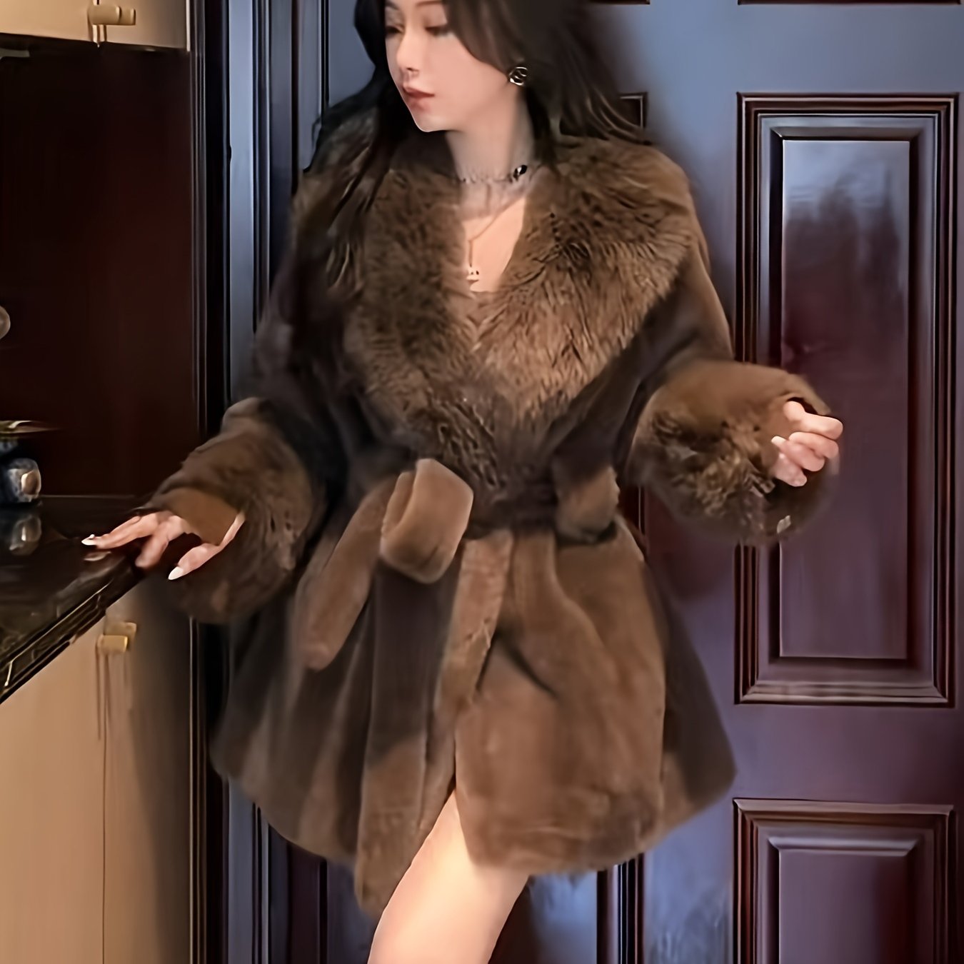 Manteau femme hiver élégant – Ceinture & fausse fourrure chic