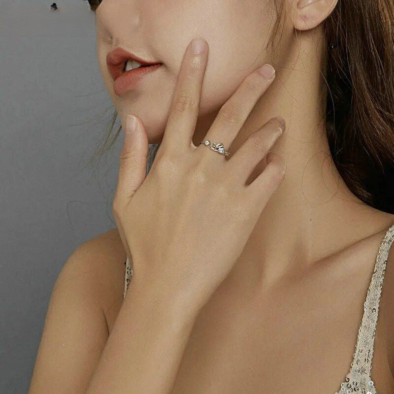 Bague cœur ouverte femme en argent 925, zircon brillant, réglable
