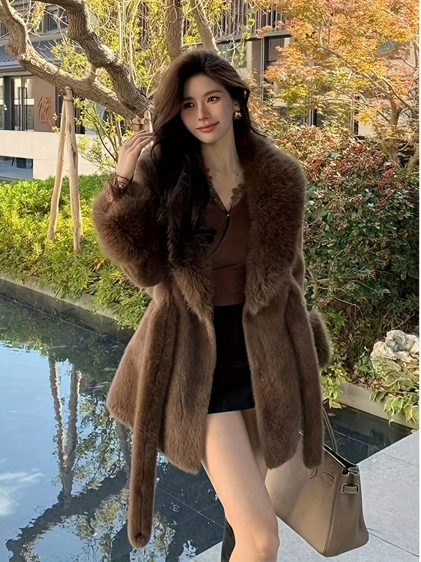 Manteau femme hiver élégant – Ceinture & fausse fourrure chic