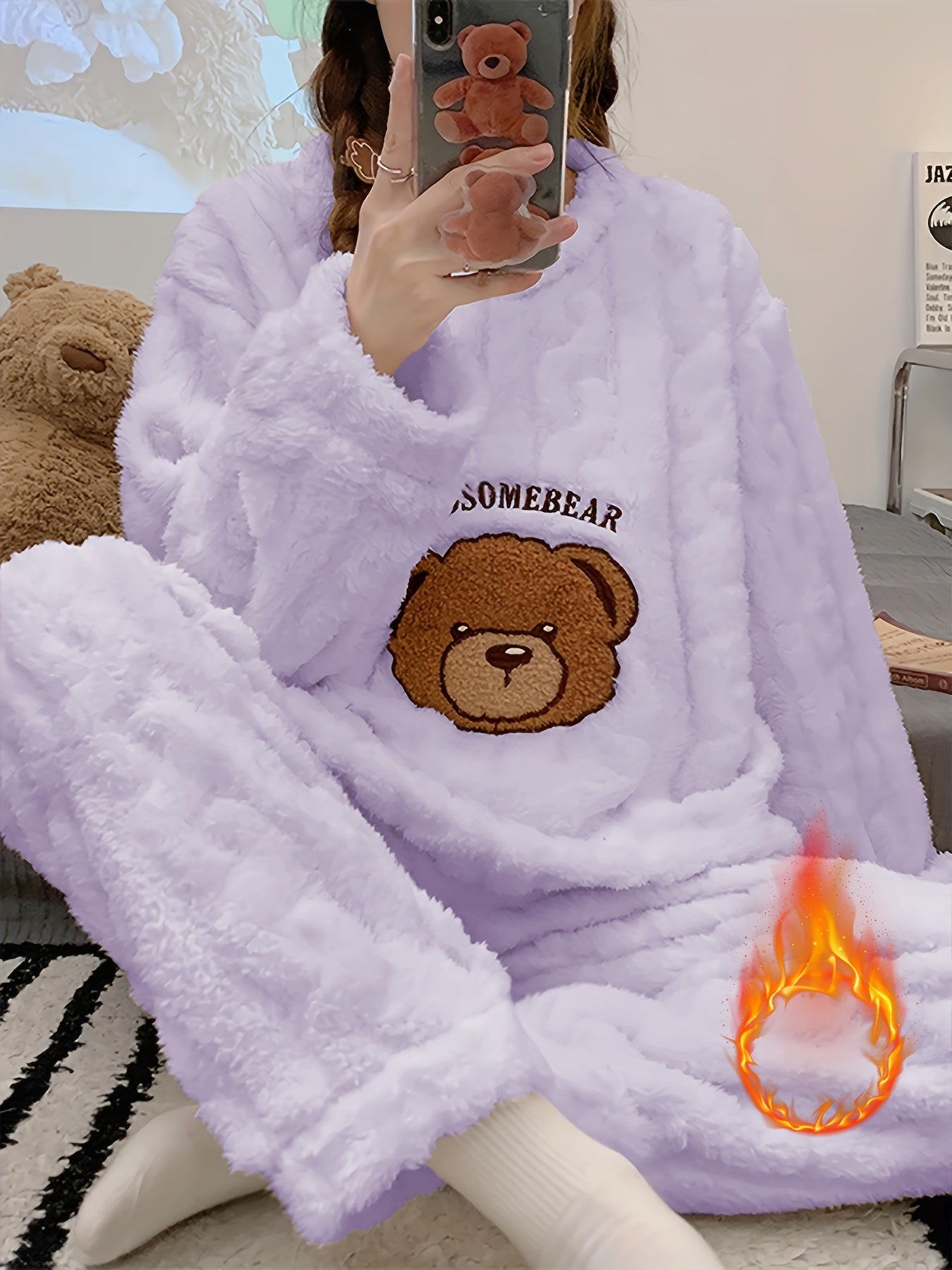 Pyjama hiver femme chaud – Ensemble peluche douillet ours 🐻