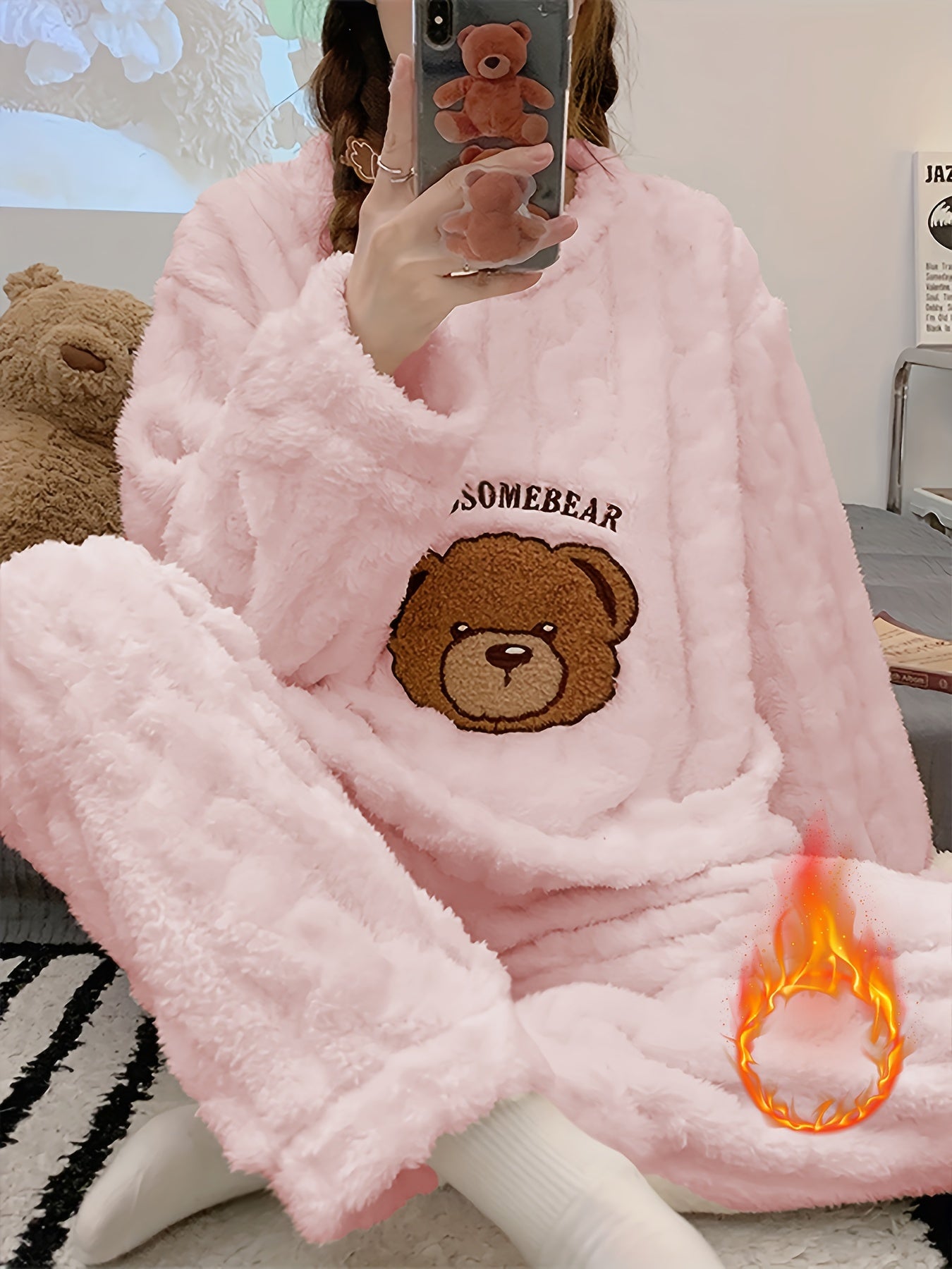 Pyjama hiver femme chaud – Ensemble peluche douillet ours 🐻