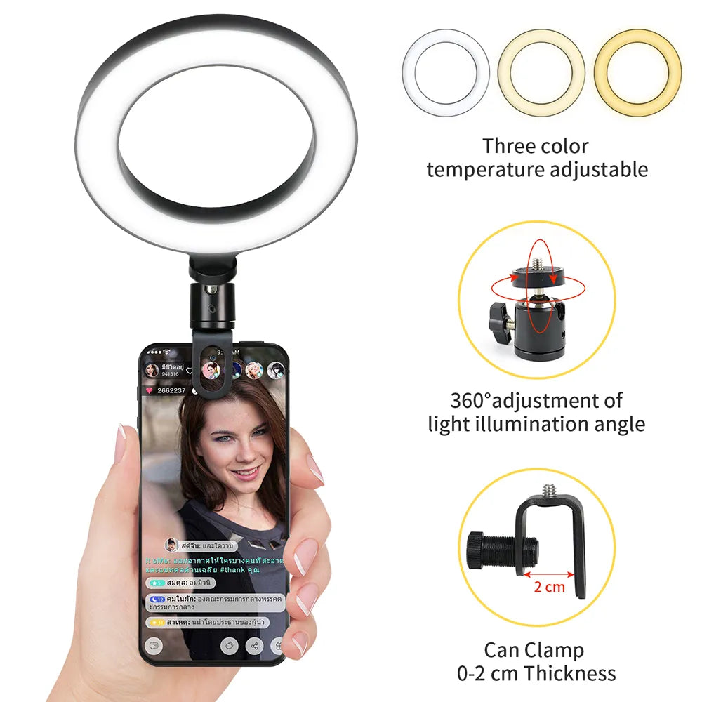 Anneau LED 6.3" avec clip USB pour stream, Zoom, YouTube