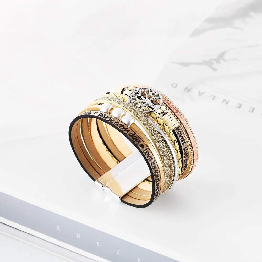 Bracelet cuir breloque perle aimant arbre de vie – femme & homme