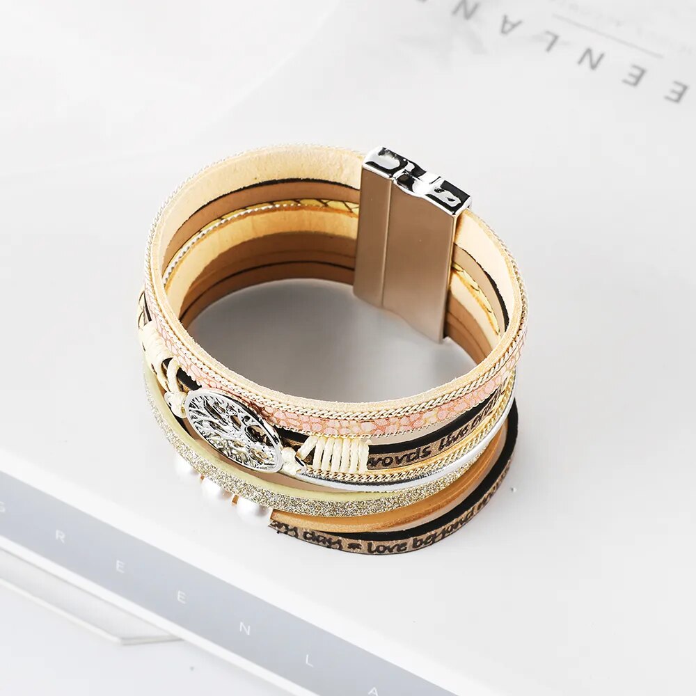 Bracelet cuir breloque perle aimant arbre de vie – femme & homme