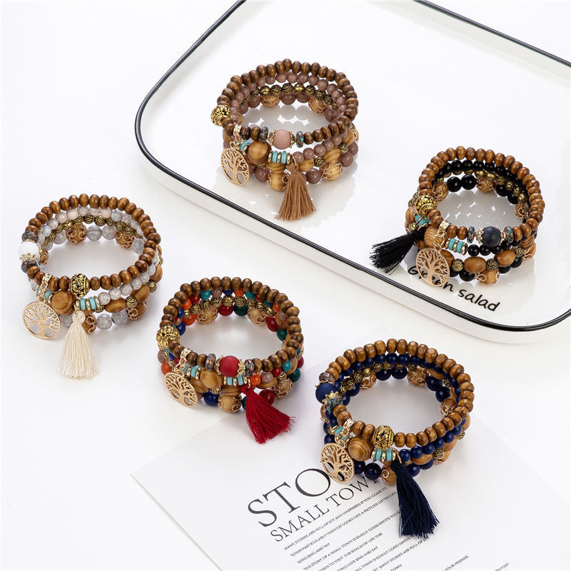 Bracelets bohèmes avec arbre de vie en bois – Set de 4 pour femmes