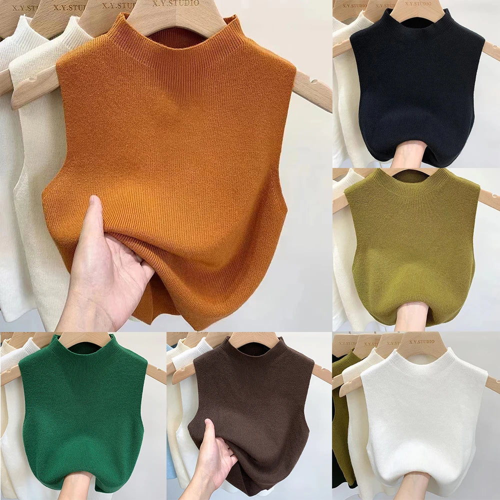Haut court femme sans manches, col roulé, tricoté, chic printemps