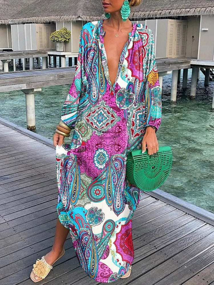 Robe Longue Femme Été – Col V Profond, Manches Longues, Style Boho