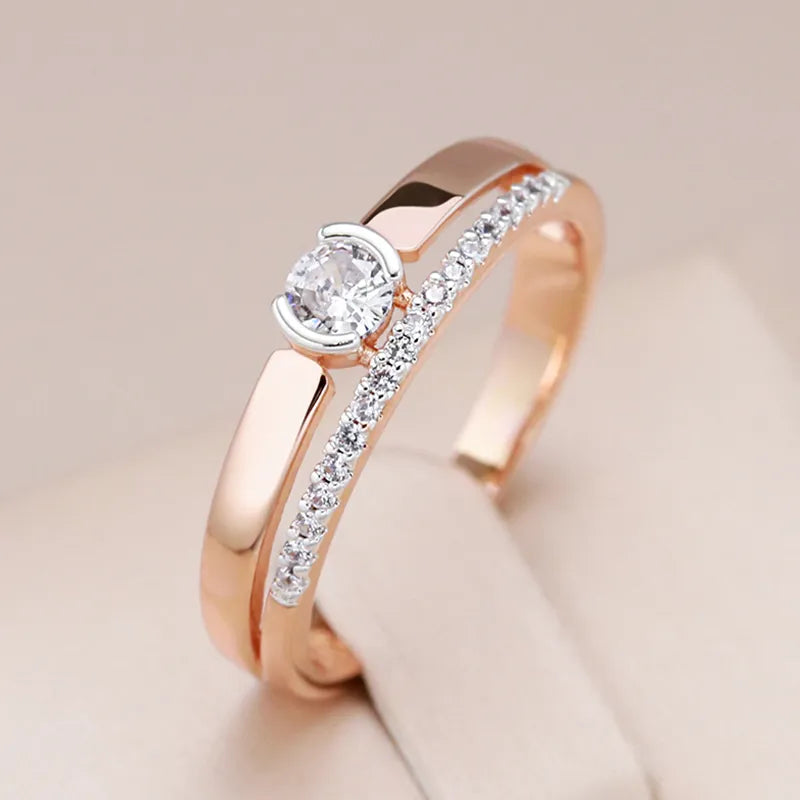 Bague luxe femme or rose & argent 585, zircon naturel, mariage