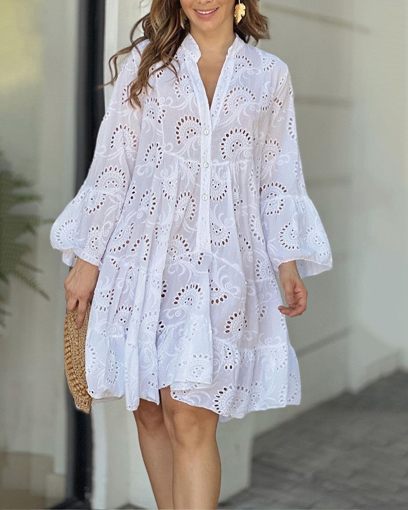 Robe Dentelle Femme Col V – Mini, Brodée, Élégante & Vintage Été
