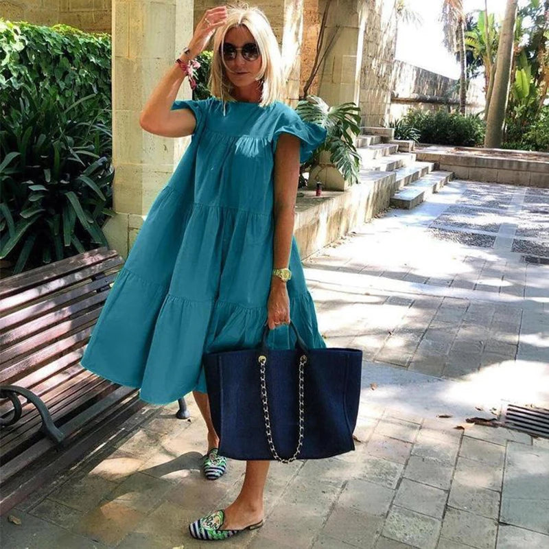 Robe Midi Femme Volants – Col Rond, Fluide et Romantique Été