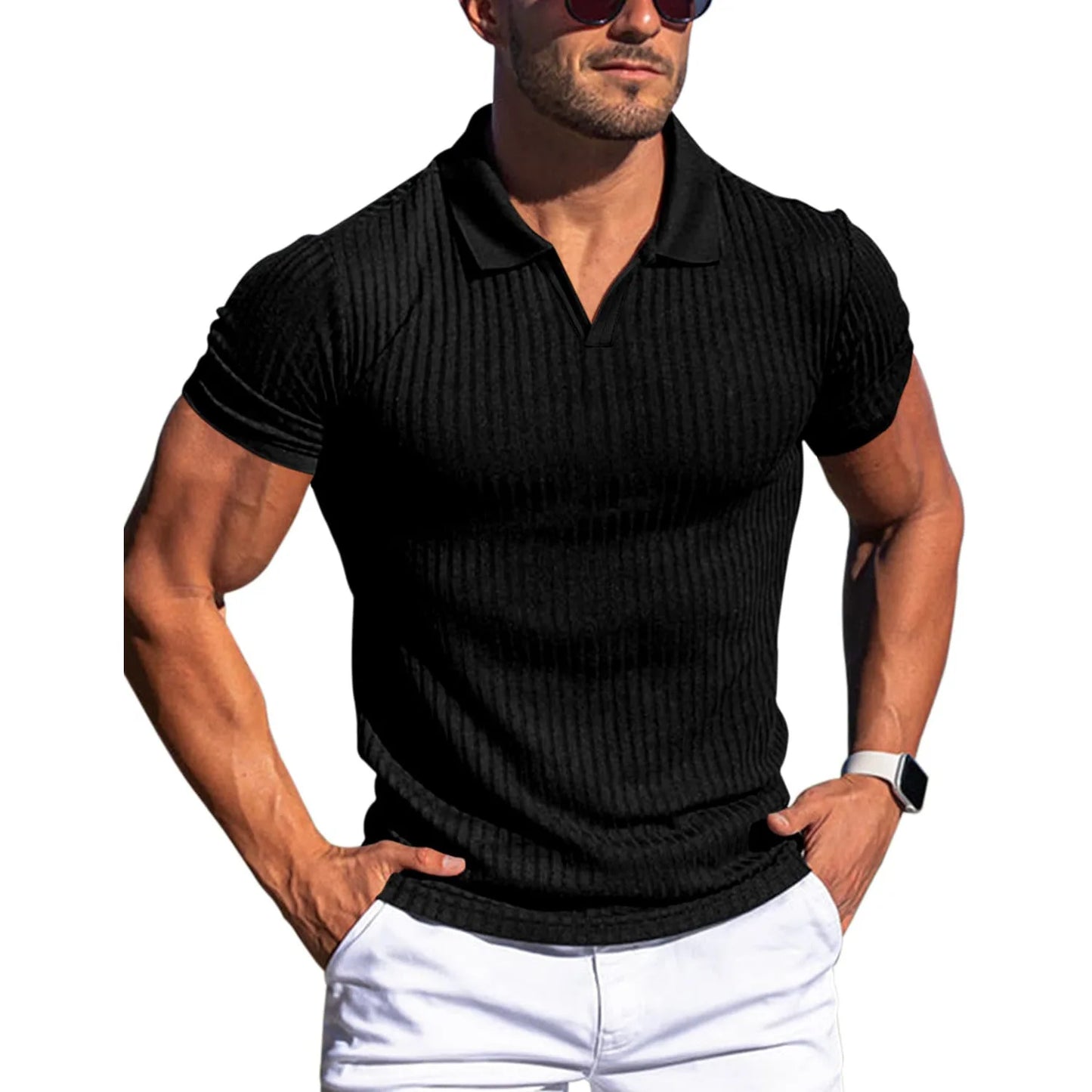 👉 T-shirt homme slim col rabattu – manches courtes été, printemps/automne mode casual
