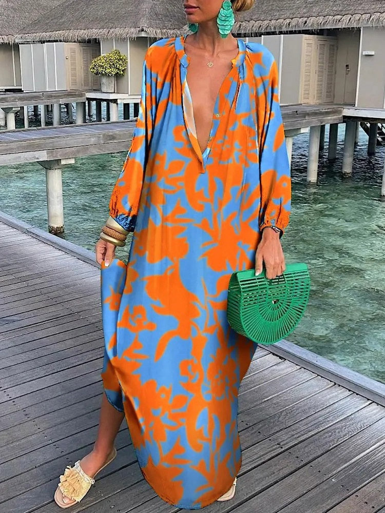 Robe Longue Femme Été – Col V Profond, Manches Longues, Style Boho