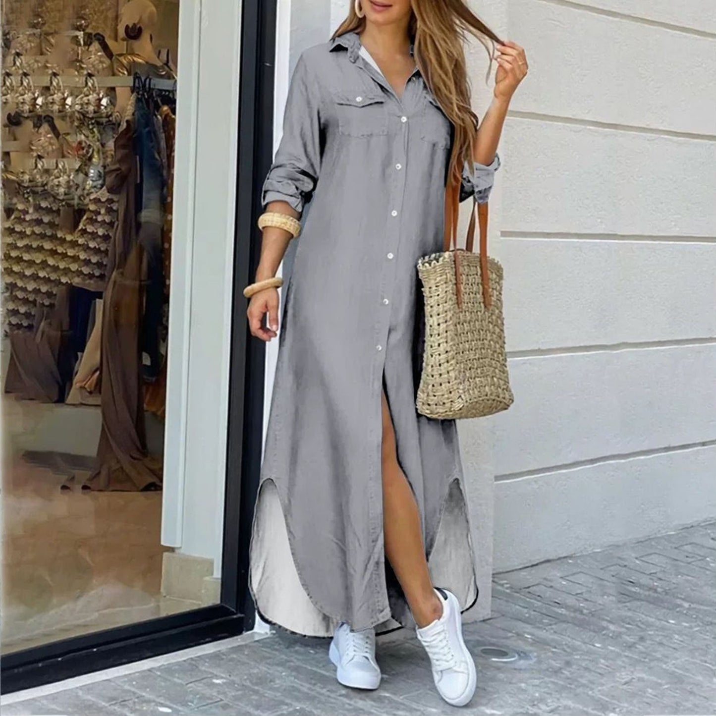 Robe chemise élégante femme, manches longues, style été