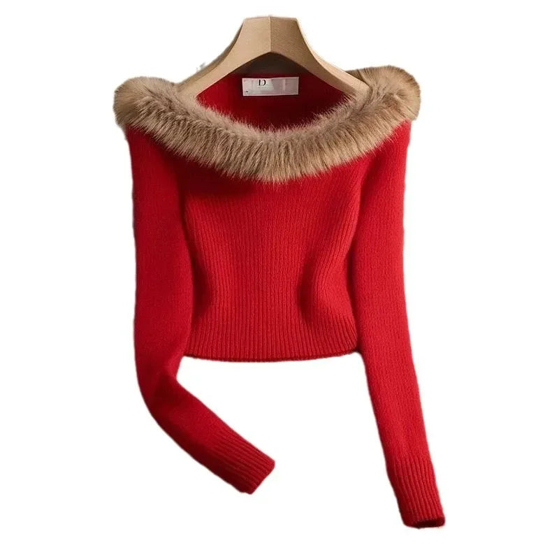 👉 Pull court femme épaules dénudées col fausse fourrure – chic & chaud