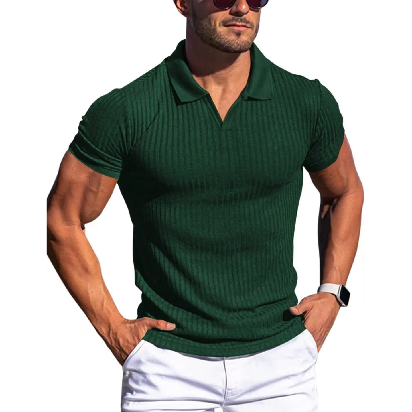 👉 T-shirt homme slim col rabattu – manches courtes été, printemps/automne mode casual