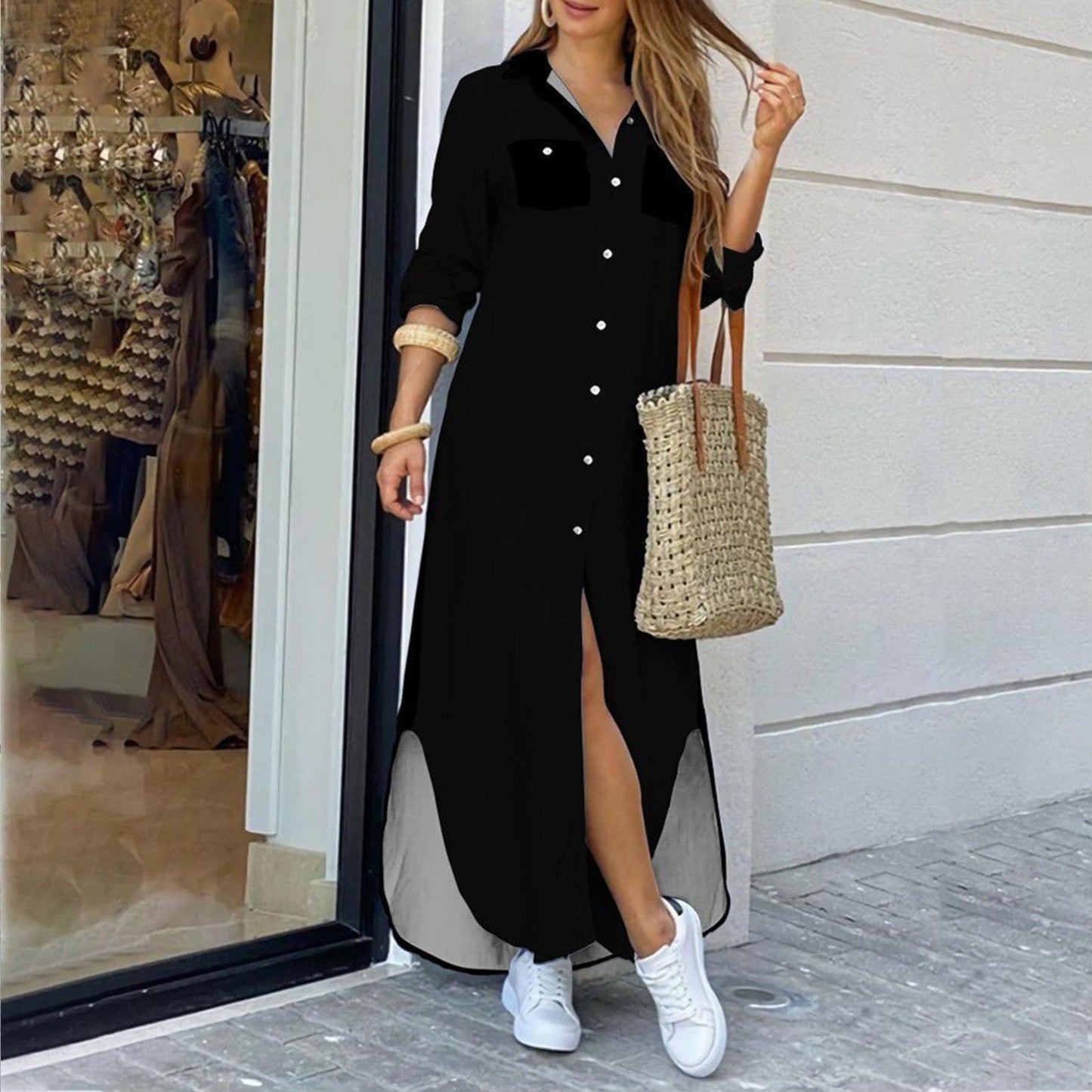 Robe chemise élégante femme, manches longues, style été