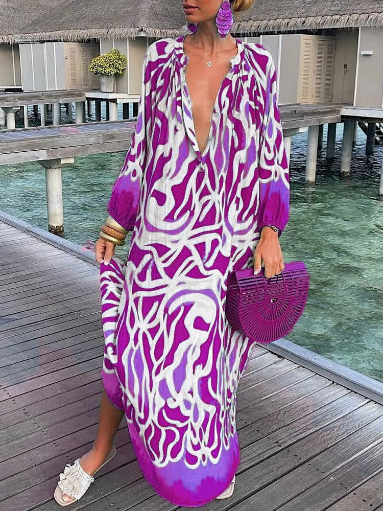 Robe Longue Femme Été – Col V Profond, Manches Longues, Style Boho
