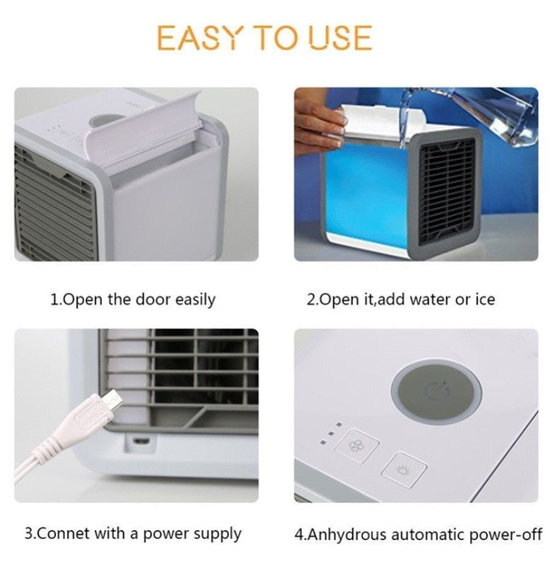 Mini climatiseur portable ,lumières LED 3 en 1, ventilateur USB, humidificateur, purificateur, refroidisseur, 3 vitesses réglables