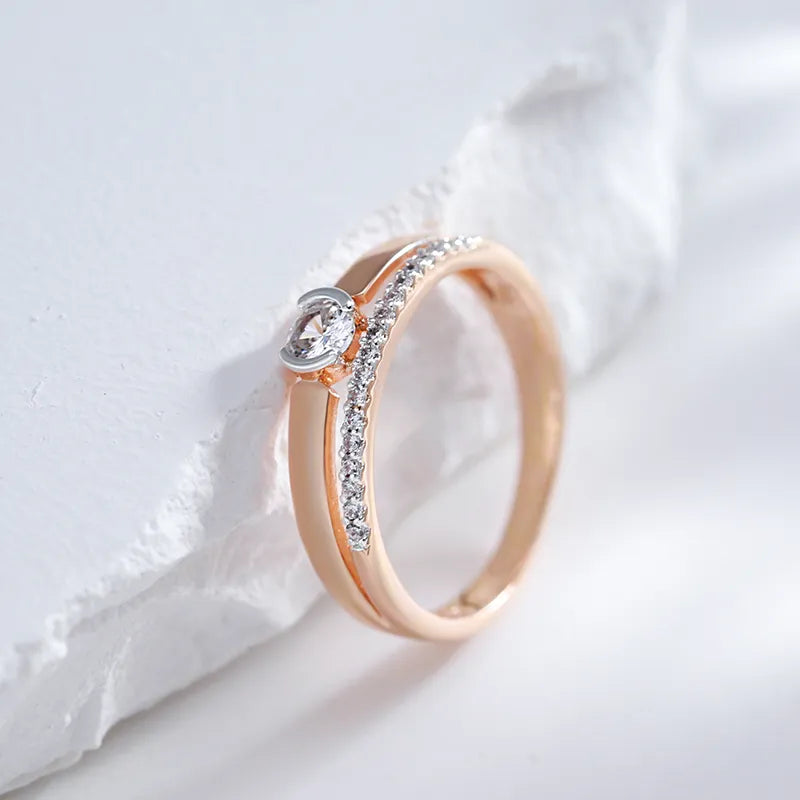 Bague luxe femme or rose & argent 585, zircon naturel, mariage