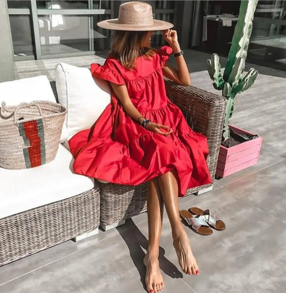 Robe Midi Femme Volants – Col Rond, Fluide et Romantique Été