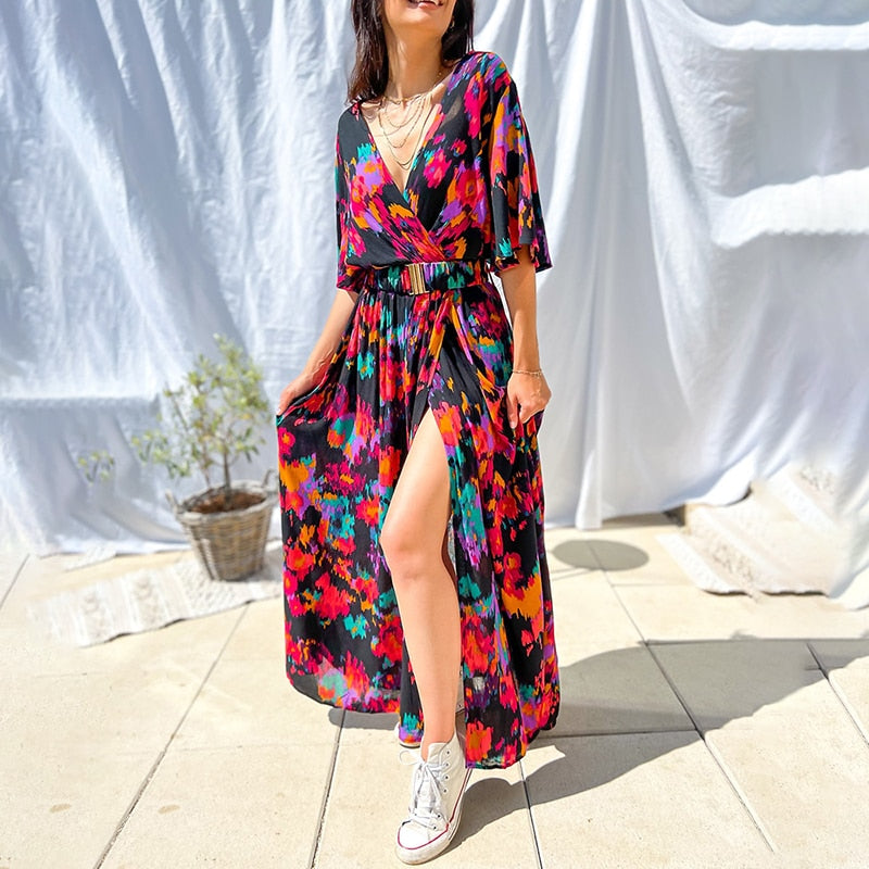 Robe longue imprimé floral pour femmes, col en V, à lacets, ourlet fendu, décontractée, manches courtes, mode estivale