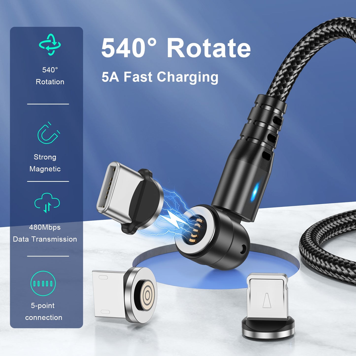 Câble Magnétique 540° Rotatif USLION – Charge Rapide 5A USB-C/Micro