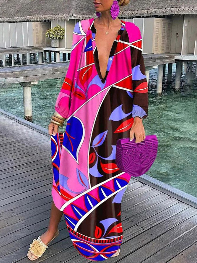 Robe Longue Femme Été – Col V Profond, Manches Longues, Style Boho
