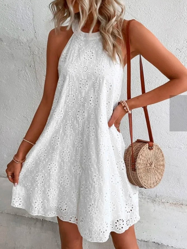 Robe Dentelle Femme Col V – Mini, Brodée, Élégante & Vintage Été