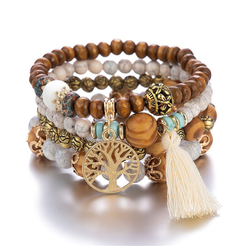 Bracelets bohèmes avec arbre de vie en bois – Set de 4 pour femmes
