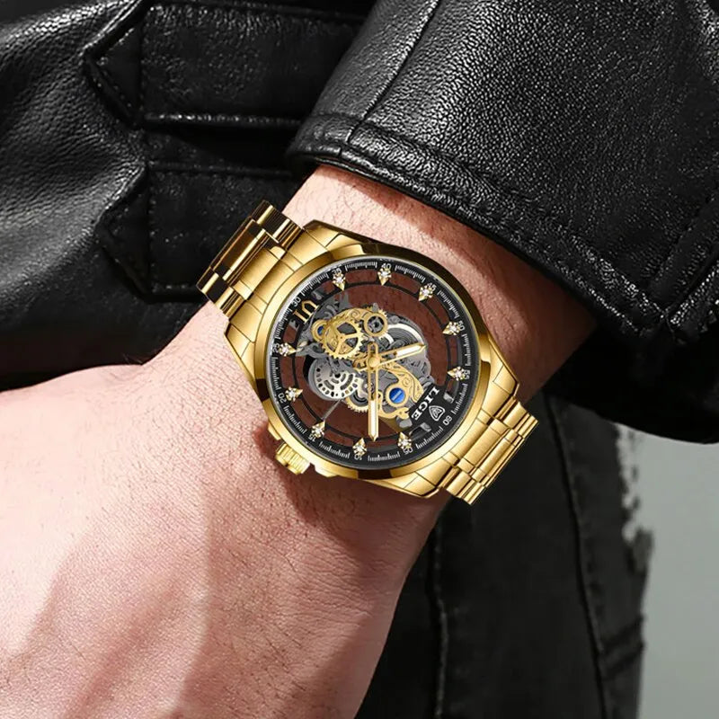 Montre squelette LIGE homme, quartz doré, rétro et élégante
