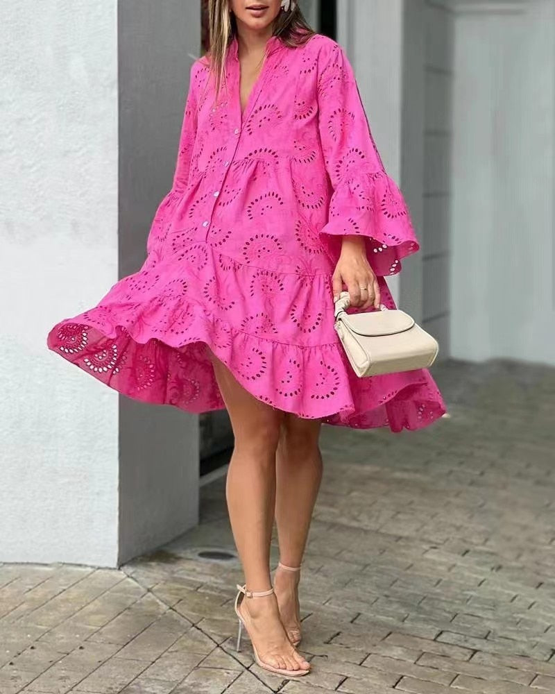 Robe Dentelle Femme Col V – Mini, Brodée, Élégante & Vintage Été