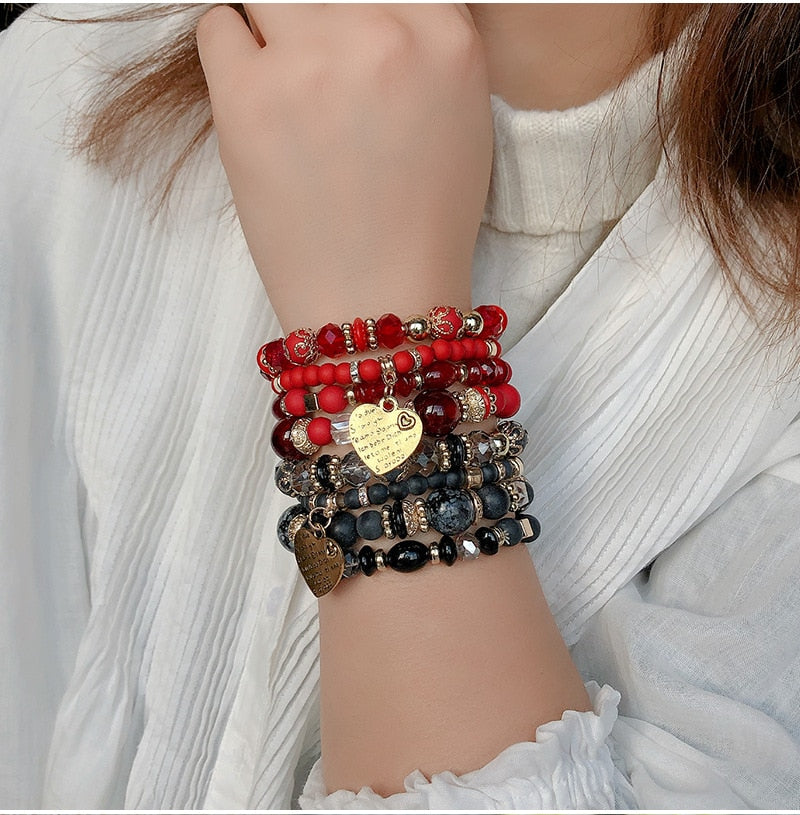 Bracelets Boho 4 pièces – Résine, Cristal & Perles Fantaisie
