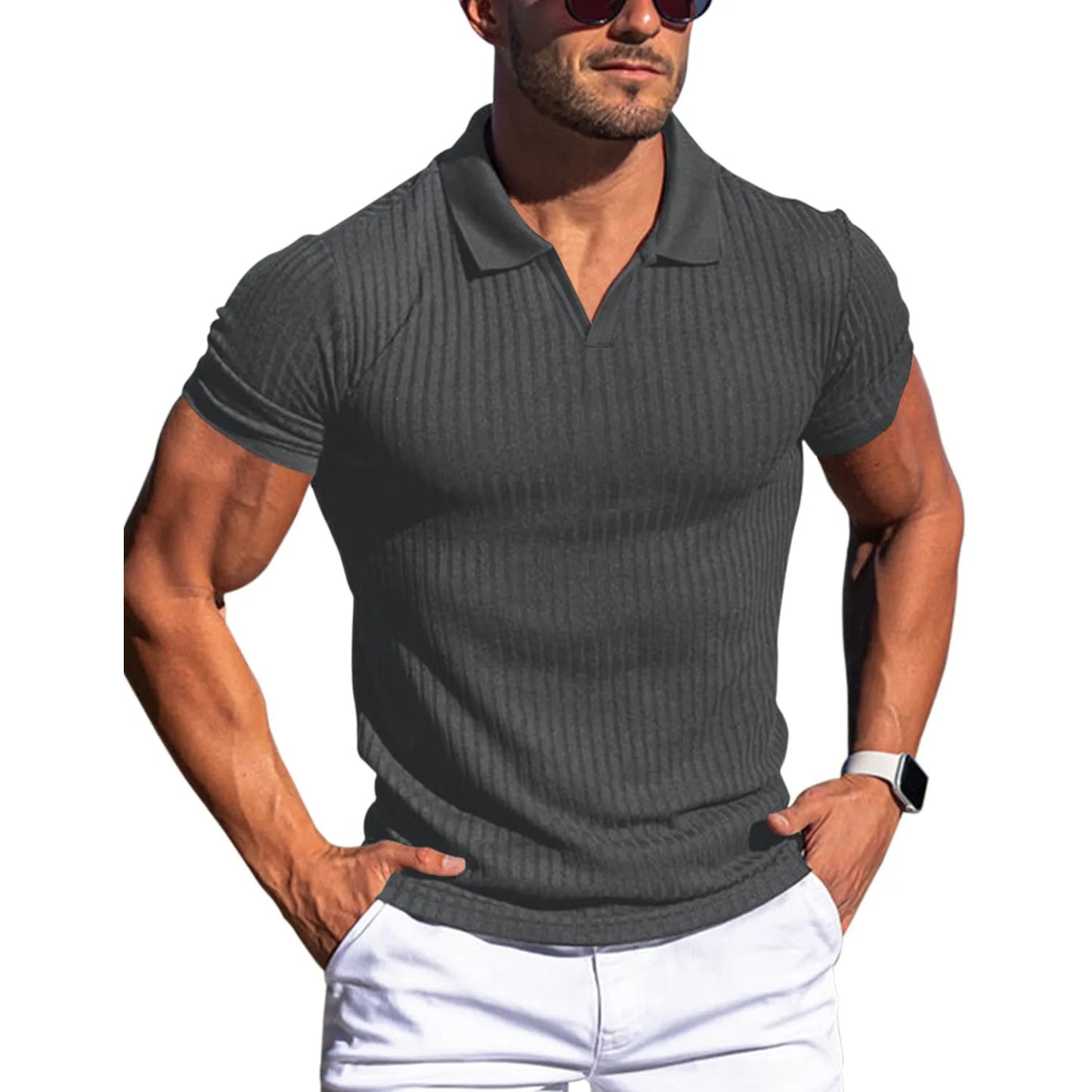 👉 T-shirt homme slim col rabattu – manches courtes été, printemps/automne mode casual