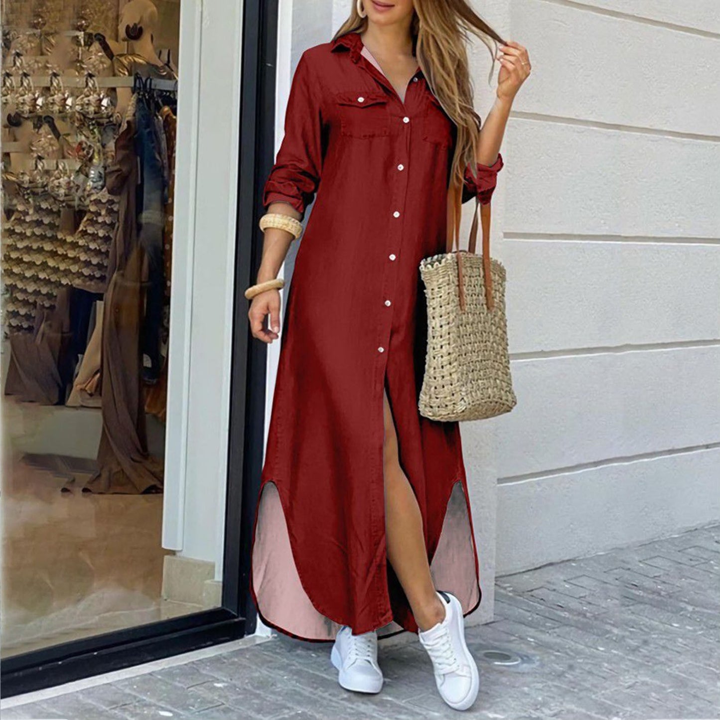 Robe chemise élégante femme, manches longues, style été