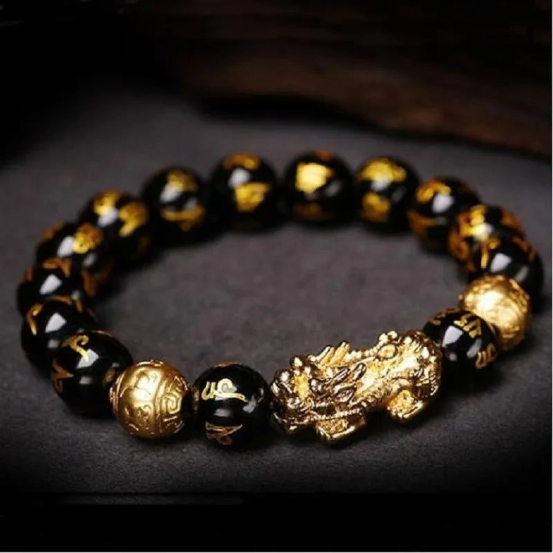 Bracelets Feng Shui obsidienne noire, porte-bonheur,lot de 2pcs