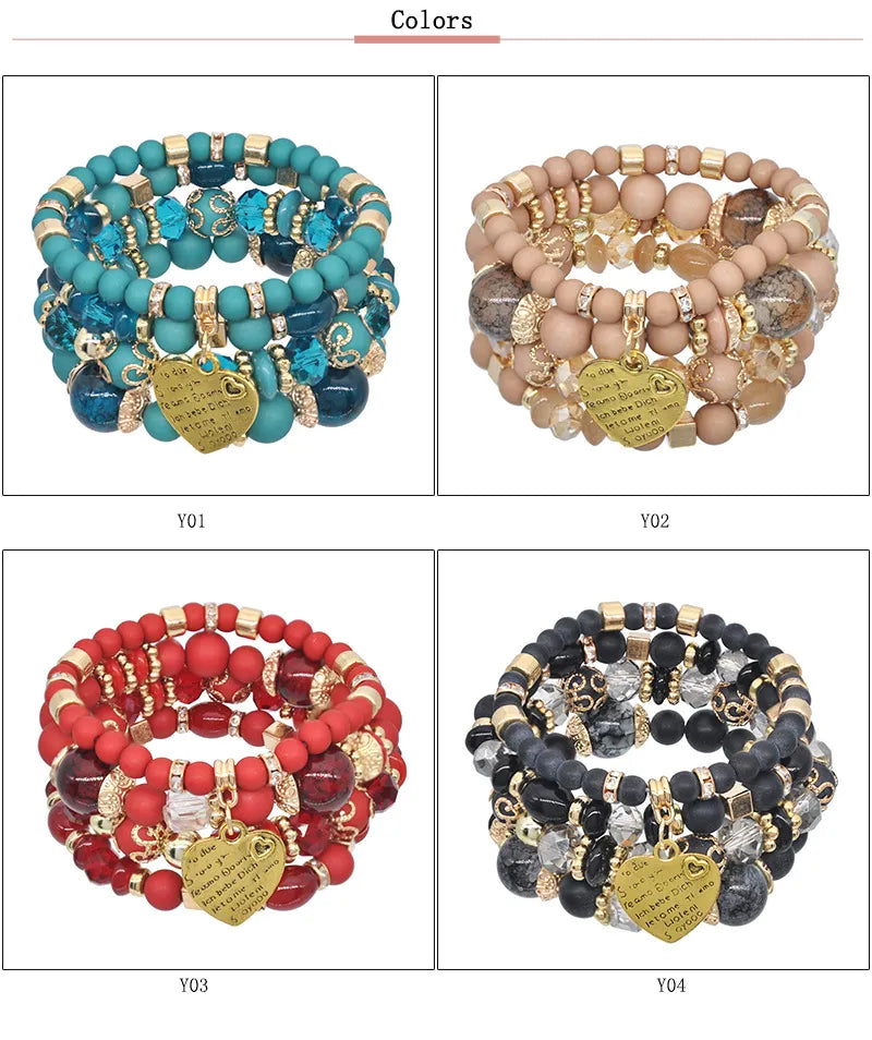 Bracelets Boho 4 pièces – Résine, Cristal & Perles Fantaisie