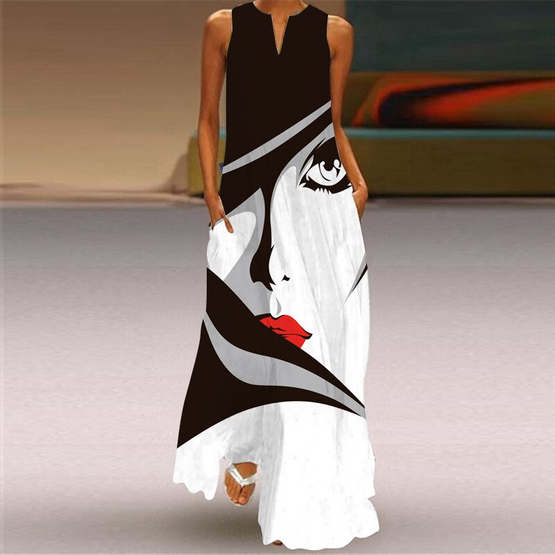 Robe Longue Noire Femme – Imprimé Visage, Ample, Été Décontracté