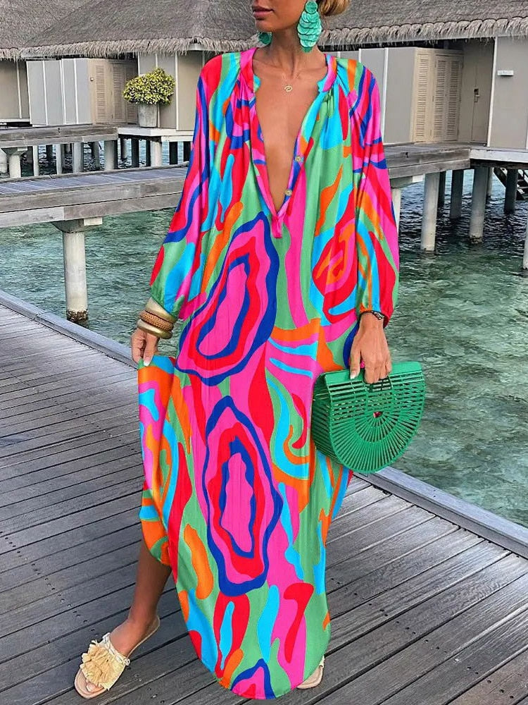Robe Longue Femme Été – Col V Profond, Manches Longues, Style Boho