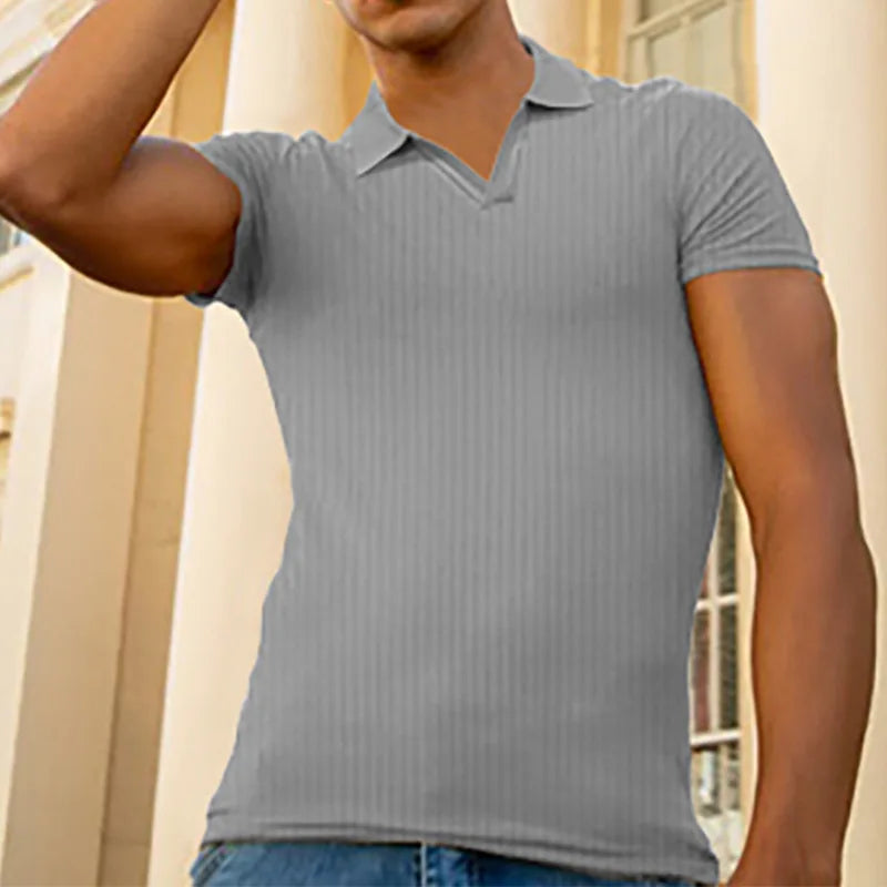 👉 T-shirt homme slim col rabattu – manches courtes été, printemps/automne mode casual