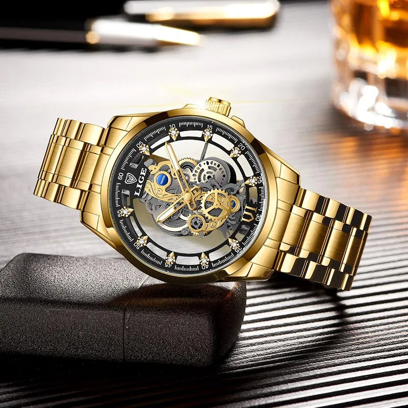 Montre squelette LIGE homme, quartz doré, rétro et élégante