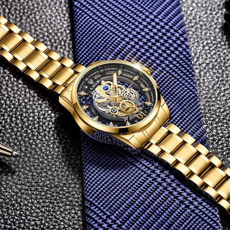 Montre squelette LIGE homme, quartz doré, rétro et élégante