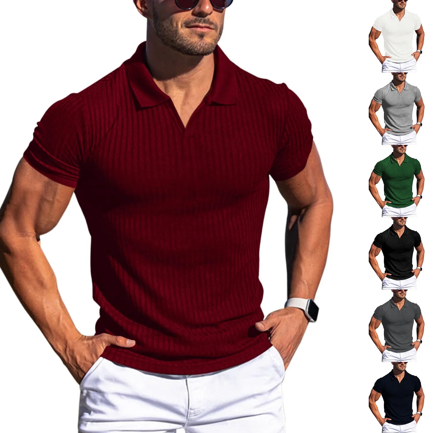 👉 T-shirt homme slim col rabattu – manches courtes été, printemps/automne mode casual