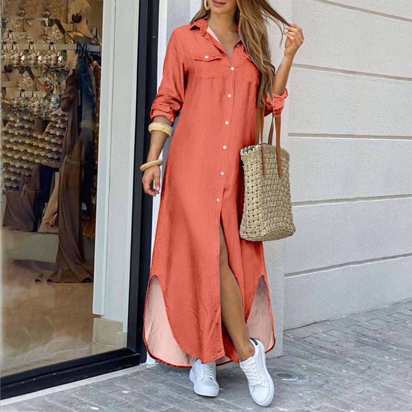 Robe chemise élégante femme, manches longues, style été