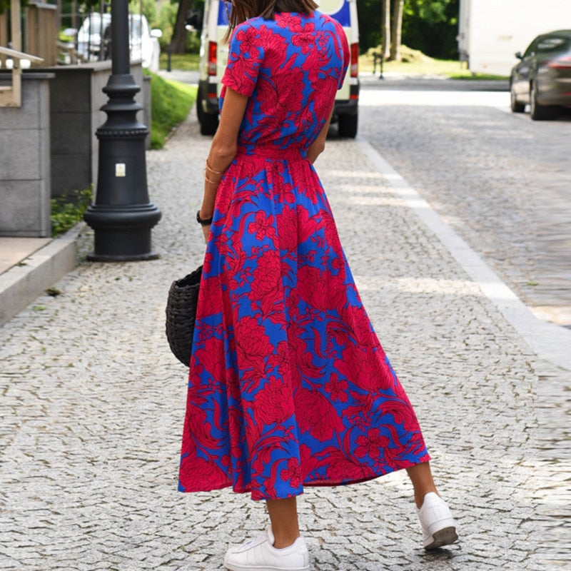 Robe longue imprimé floral pour femmes, col en V, à lacets, ourlet fendu, décontractée, manches courtes, mode estivale