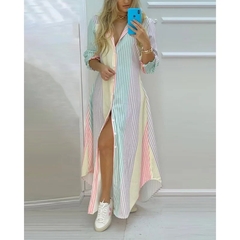 Robe Chemise Femme Longue – Imprimé Bohème & Col Polo Chic