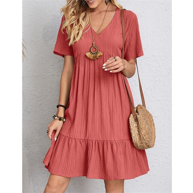 Mini Robe Femme Été – Col V, Volants, Style Vintage Décontracté