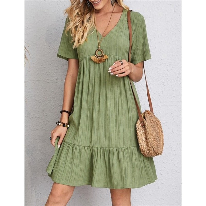 Mini Robe Femme Été – Col V, Volants, Style Vintage Décontracté