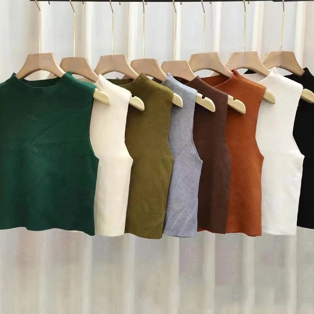 Haut court femme sans manches, col roulé, tricoté, chic printemps