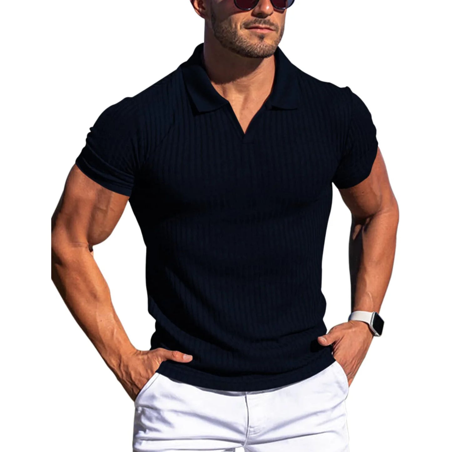 👉 T-shirt homme slim col rabattu – manches courtes été, printemps/automne mode casual